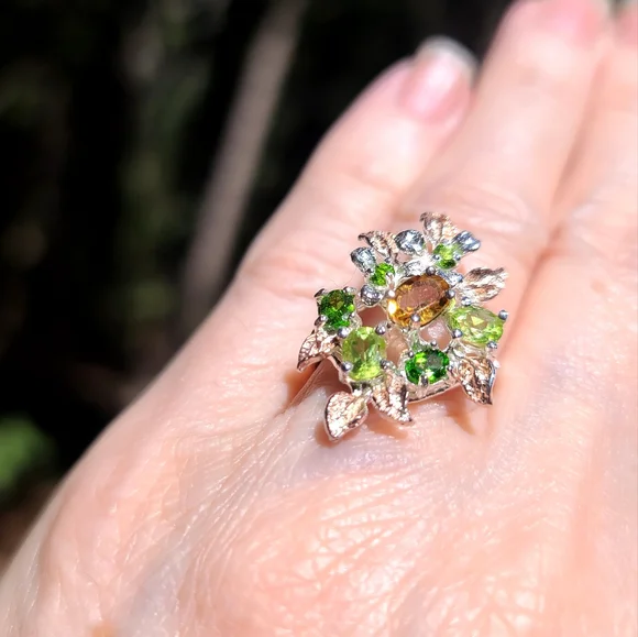 Citrine Peridot & Chrome Diopside floral sterling ring sz6.5 - Picture 6 of 8